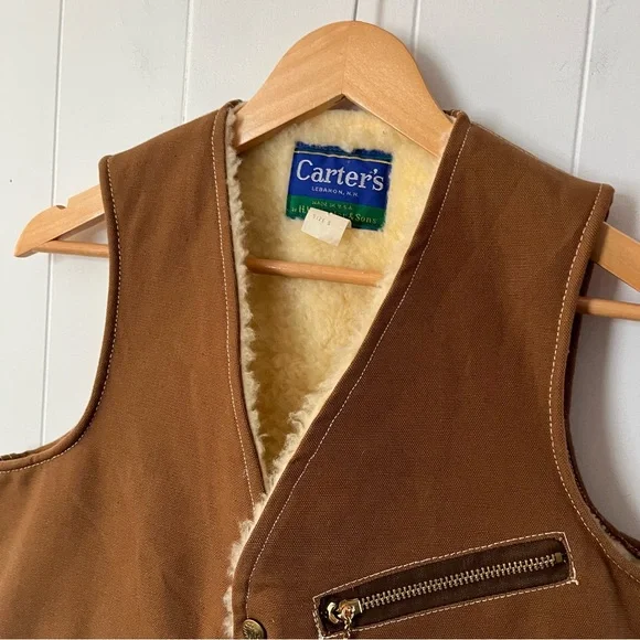 Vintage Carters Fleece Lined Canvas Vest 1970s Work Sherpa Duck USA Brown Tan - Picture 3 of 13